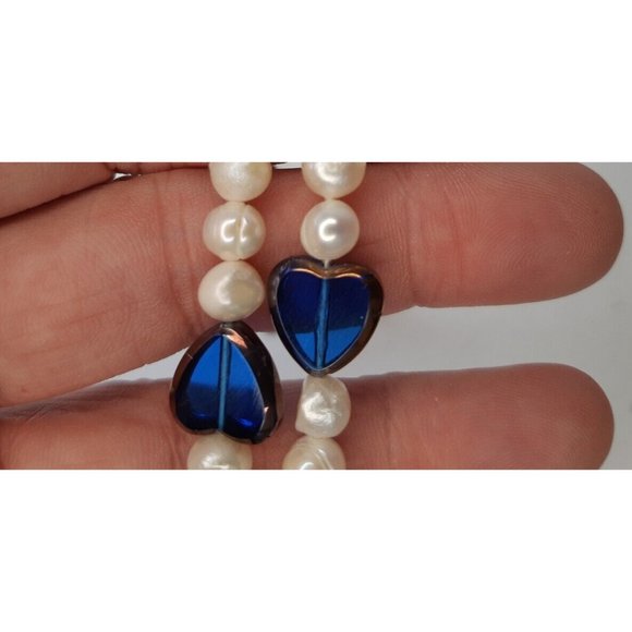 Freshwater Pearl And Blue Glass Heart Necklace 33 Inches - Picture 6 of 6